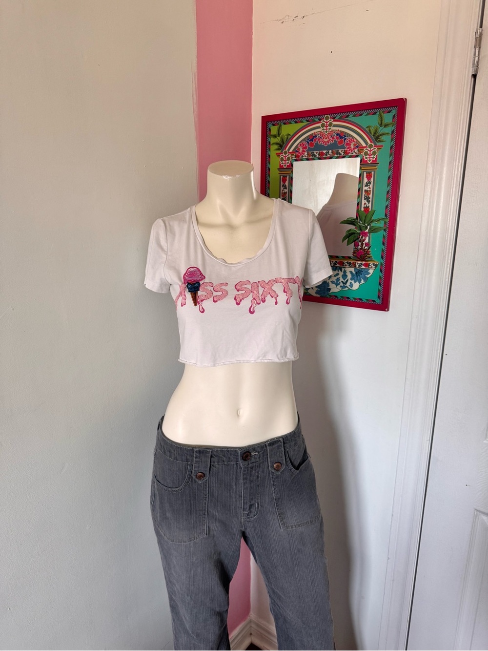 Miss Sixty White Crop Top with Pink Ice Cream Graphic